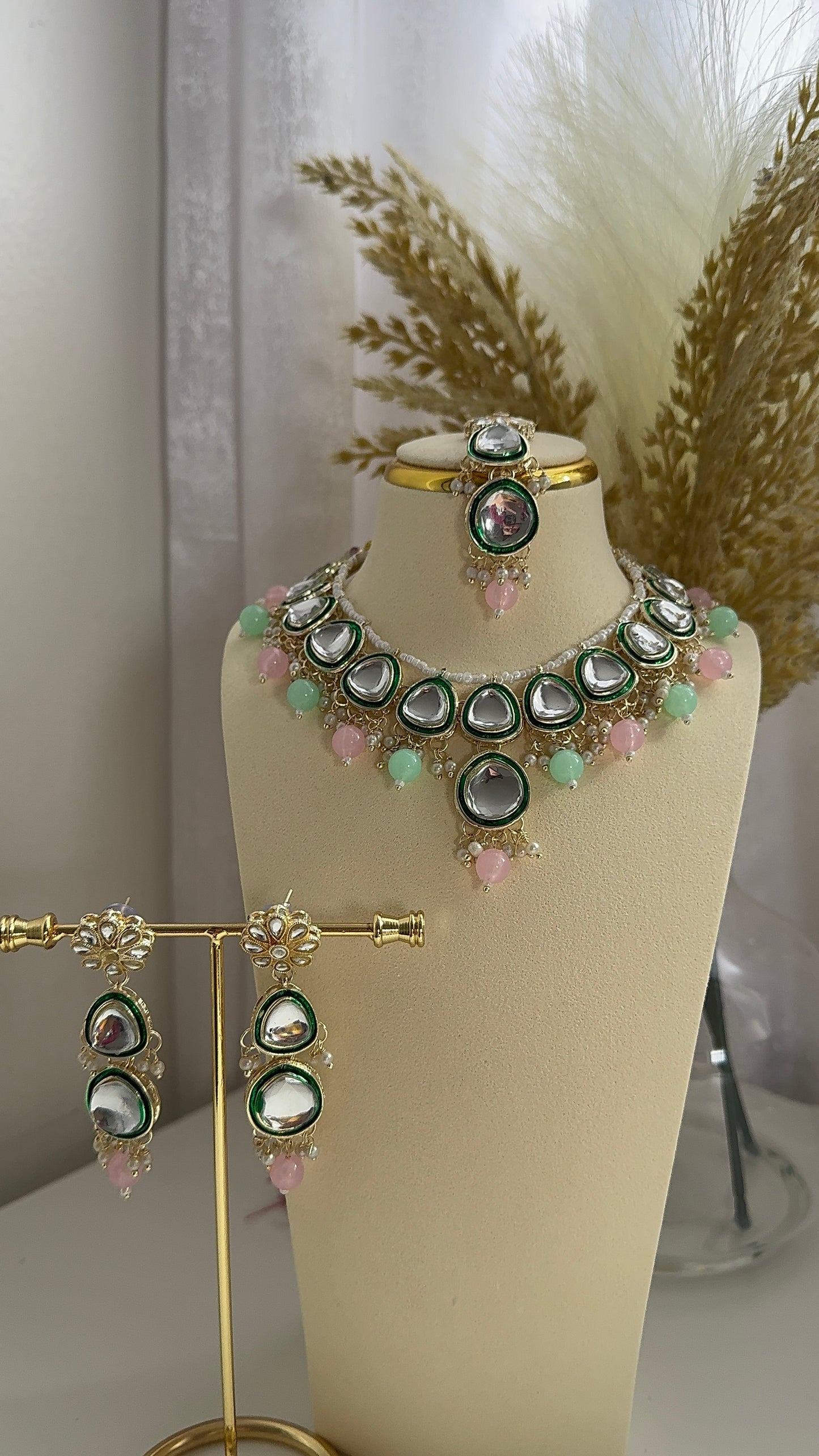 Gold Plated Kundan & Beads Necklace Set